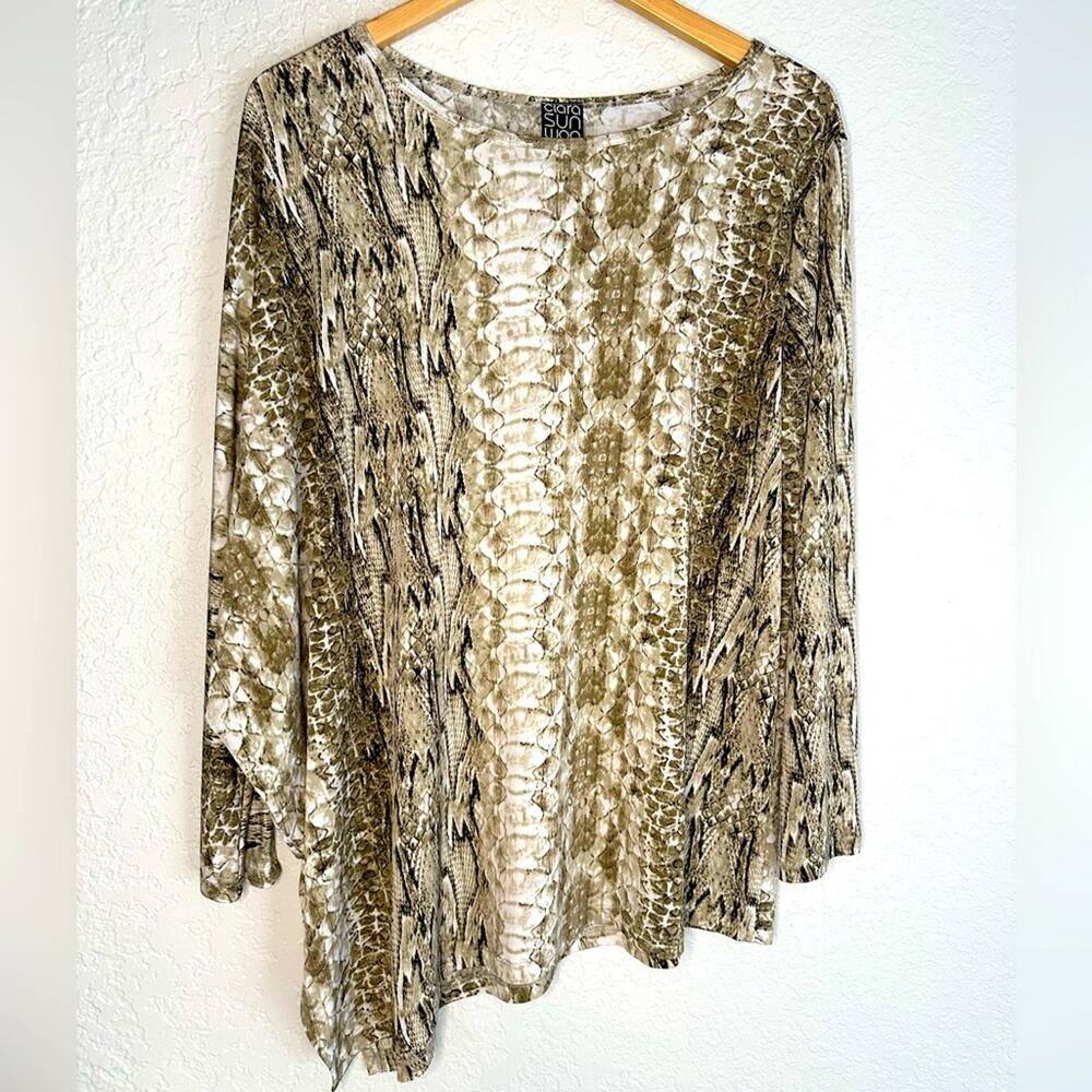 Clara Sun Woo Taupe Snakeskin Top Asymmetrical Vacation Party Resortwear Dolman